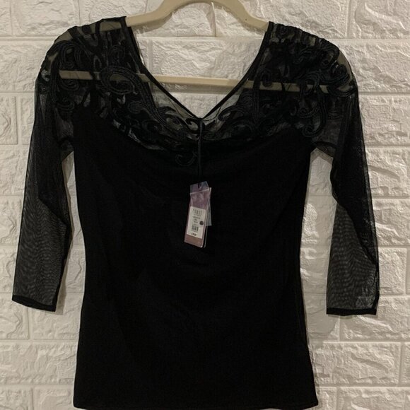 BRAND NEW WITH TAG | CASUAL | SEMI FORMAL LACE MESH TOP | EMBROIDERED | BLACK | - Picture 1 of 5